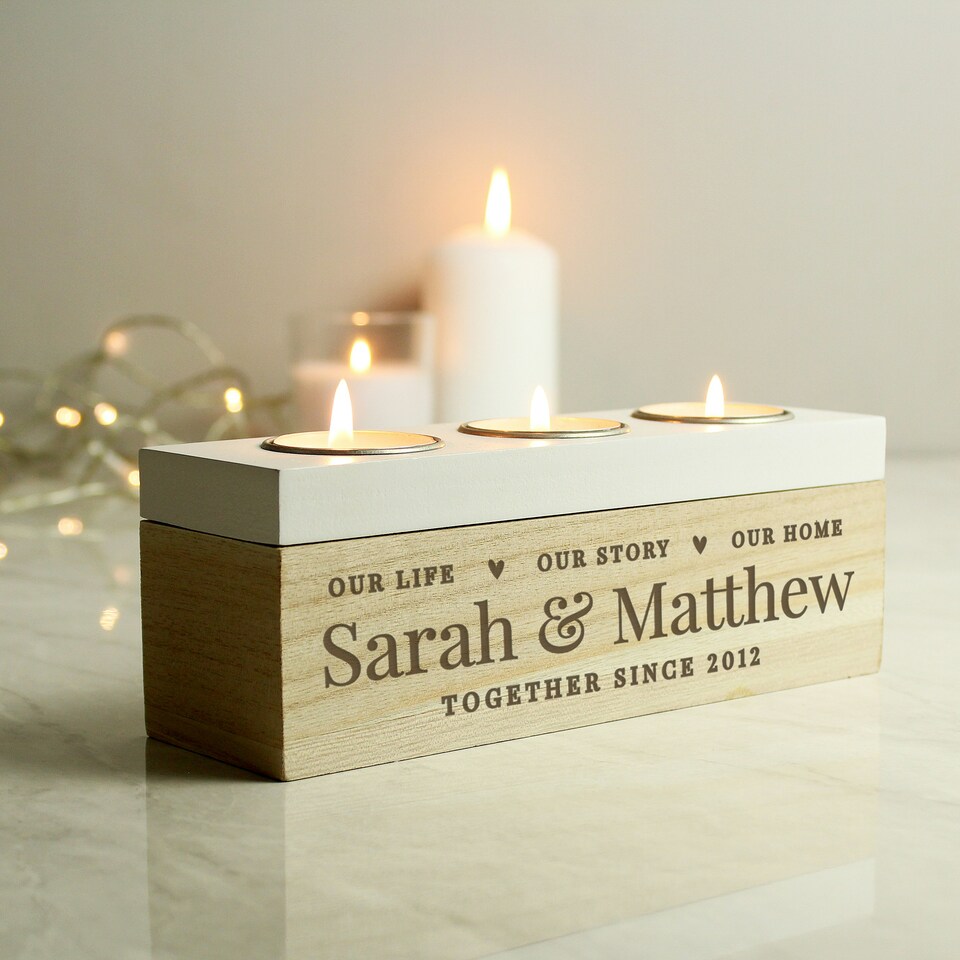 image 1 of Personalised Our Life Story & Home Triple Tea Light Box Brown