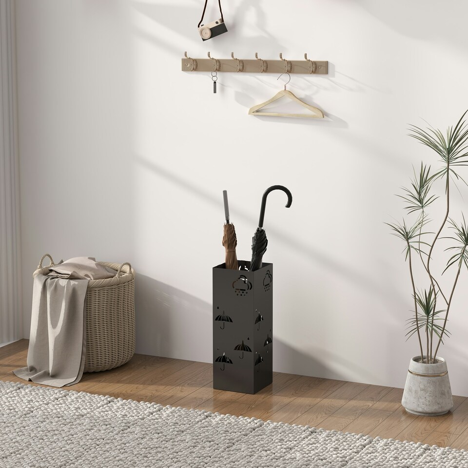 image 1 of HOMCOM Decorative Umbrella Holder w/ Drip Tray 4 Hooks for Entryway Black Black