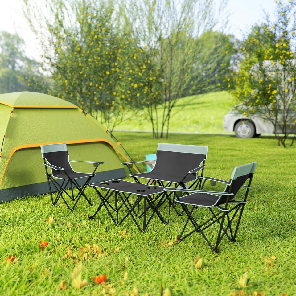 image 1 of Outsunny 4 Piece Foldable Camping Table and Chairs Set, Grey