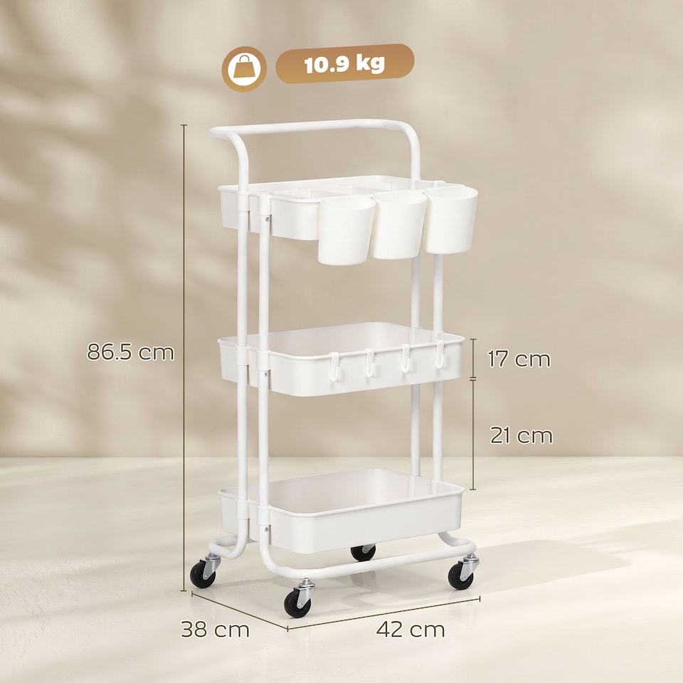 image 1 of HOMCOM 3-Tier Utility Cart, Rolling Serving Trolley with Baskets, White