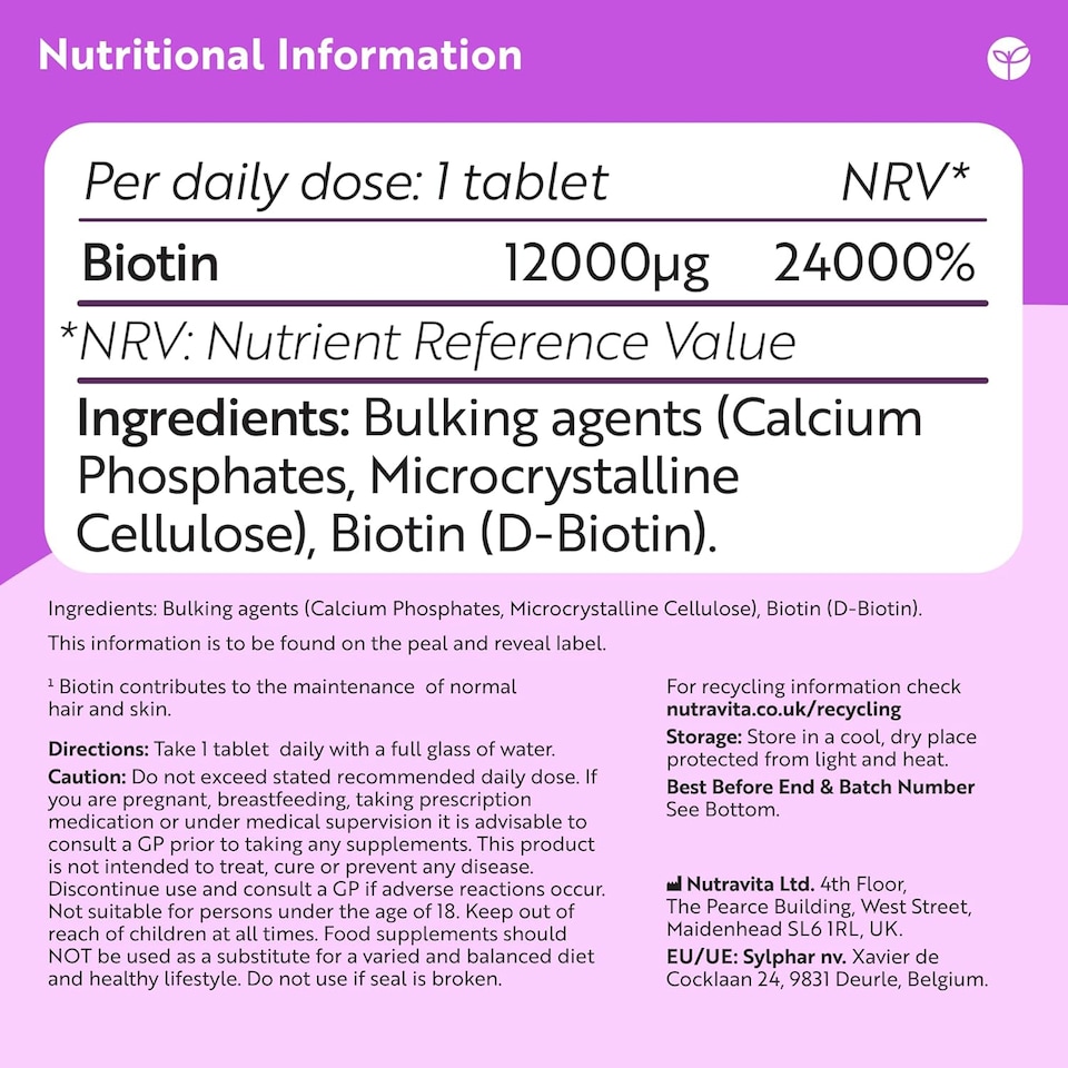 image 1 of Nutravita Biotin Hair Growth Supplement 12,000mcg - High Strength Vitamin B7 Biotin Pills 12000UG - Supports Skin & Hair Growth - 400 Vegan Tablets