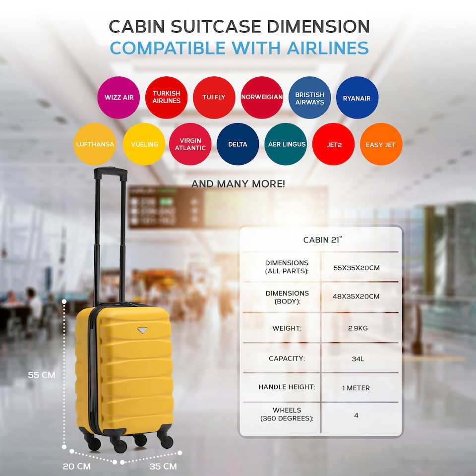 image 1 of 55x35x20cm Carry On Cabin Hard Shell Suitcase - 100+ Airlines Approved Including EasyJet (Paid), British Airways, Ryanair (Priority), TUI Yellow | Yellow/Black | Cabin Bag