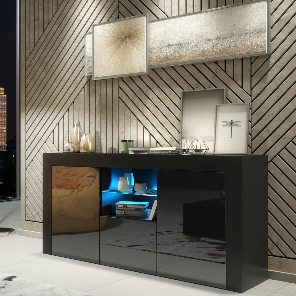 image 1 of Black TV Unit 145cm Gloss Doors Free LED Modern Media Cabinet Black