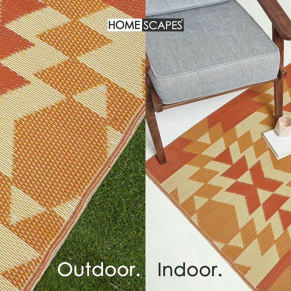 image 1 of Homescapes Outdoor Rug Luxury Waterproof Reversible Recycled, For Garden, Anya Aztec | Orange | Orange and White