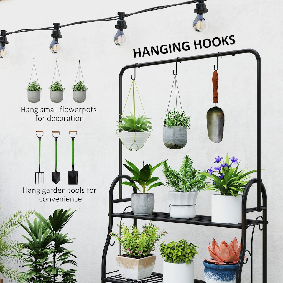 image 1 of Outsunny 3 Tier Plant Stand Hanging Hooks for Balcony Living Room, Black | Black | Black