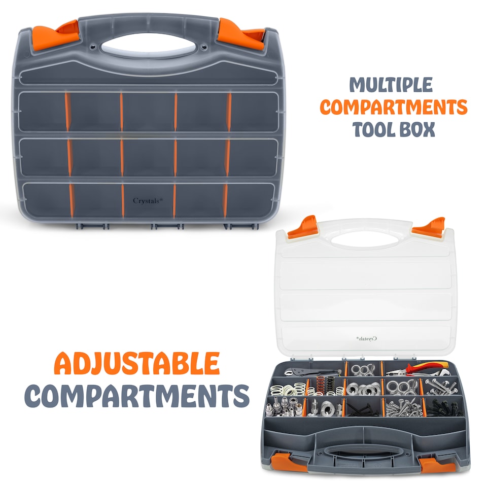 image 1 of 32 Compartment Double Sided Storage Box Tool Organiser Carry Case for Screws & Small Parts | Grey