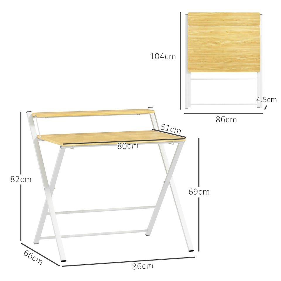 image 1 of HOMCOM Folding Desk with 2-Tier Shelf for Home Office, Maple Wood