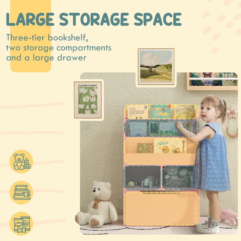 image 1 of HOMCOM Kids Bookshelf Bookcase with Storage Drawer with Wheels Toy Organiser | Pink