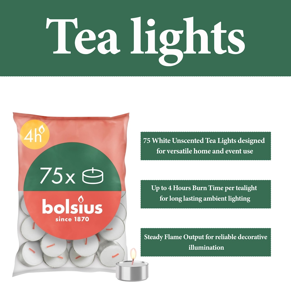 image 1 of Bolsius Tea Lights Pack of 75 White Unscented Decorative Ambient Candles