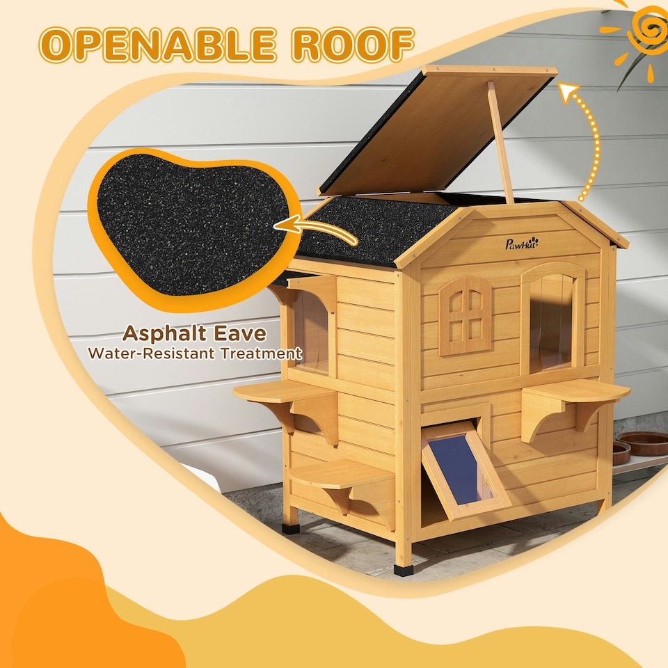 image 1 of PawHut Wooden Cat House Cat Cave Pet Shelter Condos Outdoor Natural Wood Finish
