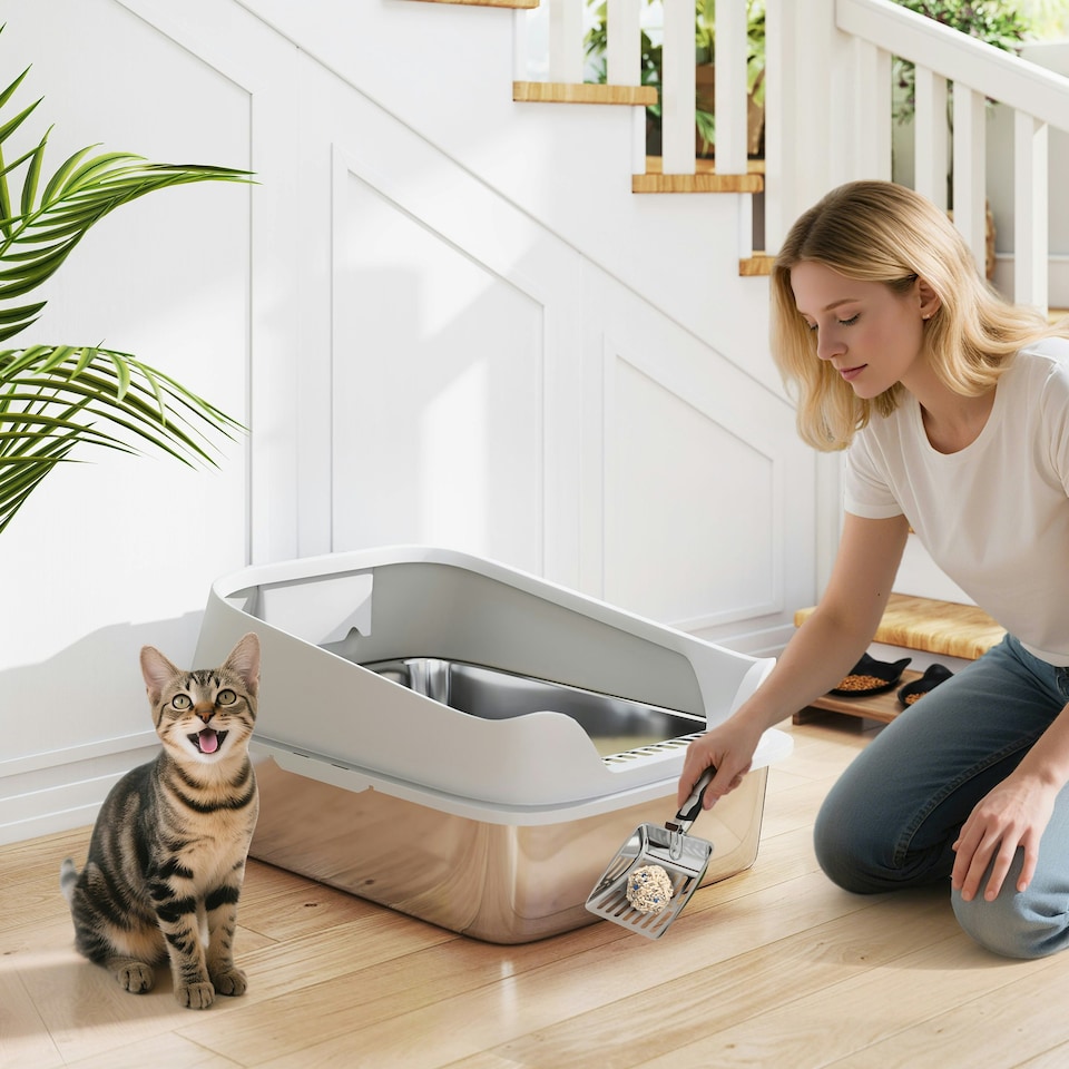 image 1 of PawHut XL Stainless Steel Cat Litter Box with High Sides, 60 x 40 x 30 cm Grey