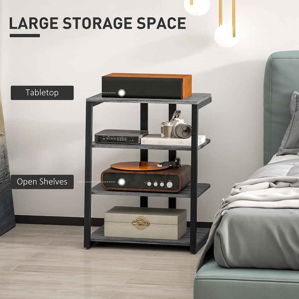 image 1 of HOMCOM HiFi Stand, 4-Tier Media Storage Shelf with Adjustable Shelves, Power Strip Rack for Router, Record Player, Printer, Industrial TV Stand for up to 28 Inch TVs, Dark Grey | Grey | 1