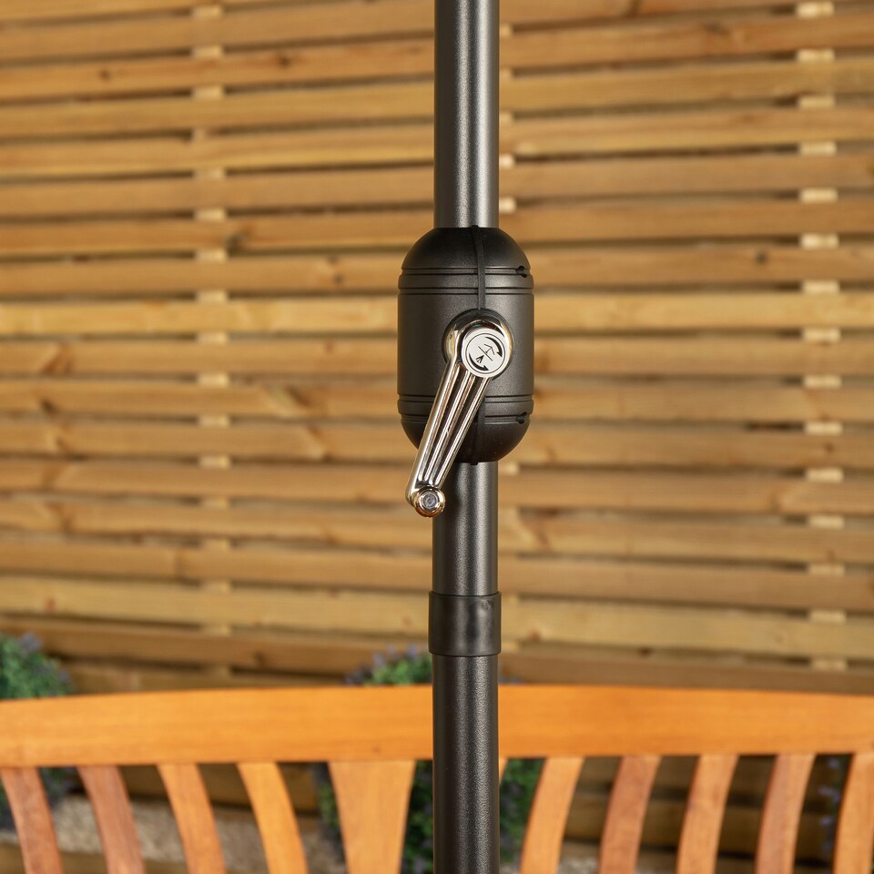 image 1 of Outdoor 4 Person Rectangular Wooden Dining Table Chairs & Bench with Grey Havana Parasol & Base