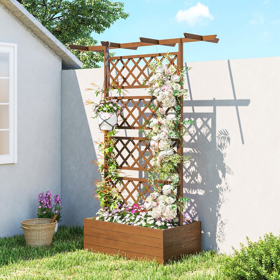 image 1 of Outsunny Wooden Trellis Planter, Raised Garden Bed for Climbing Plants, Natural