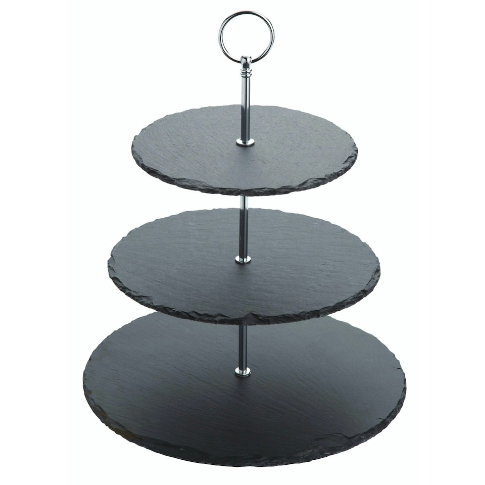 image 1 of 2pc Slate Serving Set with Appetiser Slate 3-Tier Serving Stand and Rectangular Serving Platter with Handles | Black