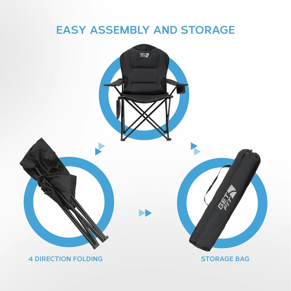 image 1 of Get Fit Set of 2 Camping Chairs Outdoor Folding Chair, Magazine Pocket, Cup Holder & Carry Bag Weight Capacity of 130kg - Black