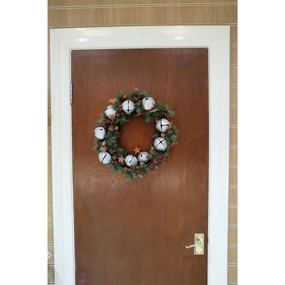 image 1 of 25cm Bells Stars and Pine Green Christmas Wreath