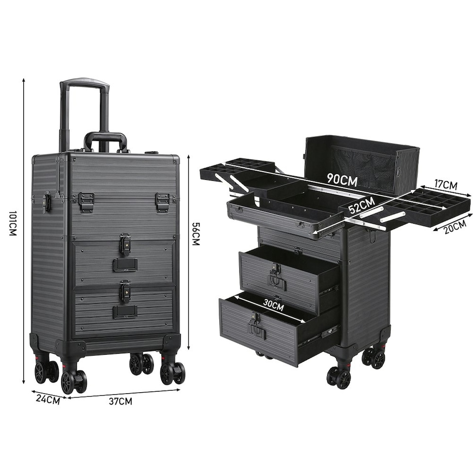 image 1 of Living and Home 3-in-1 Cosmetic Trolley Case with Drawers & Wheels - Black | Black