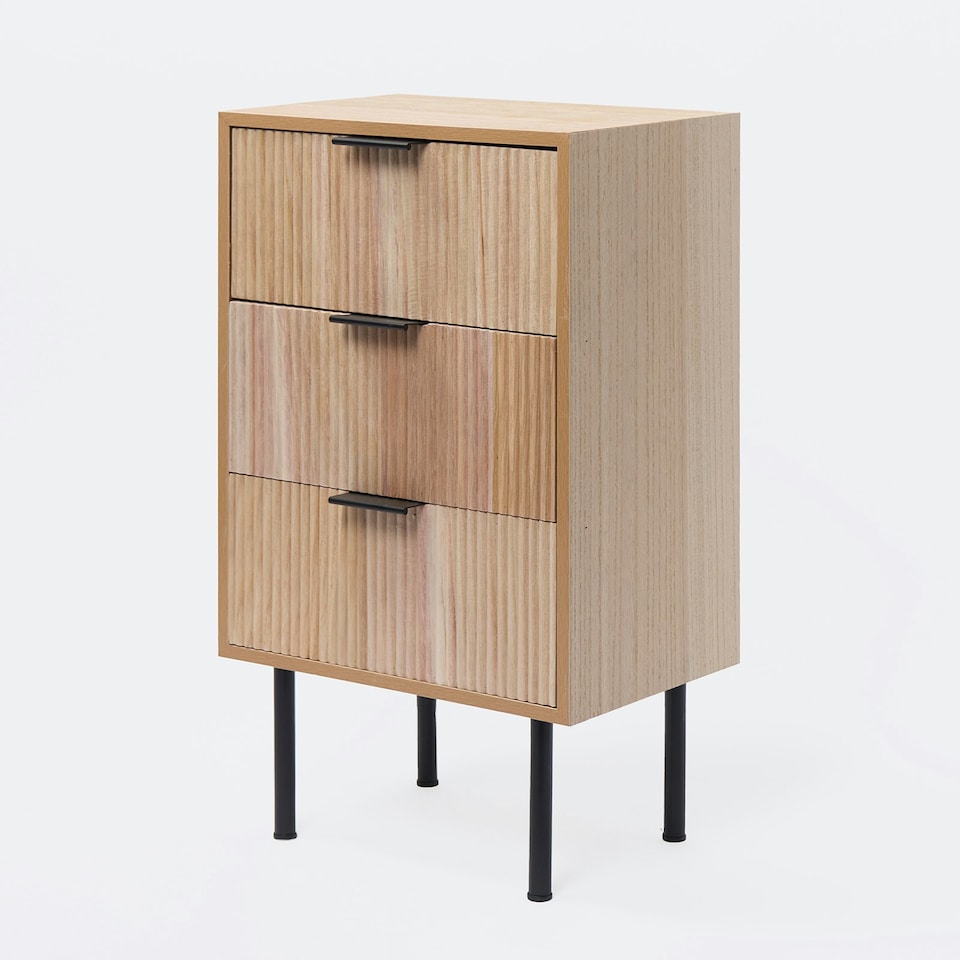 image 1 of OHS 3 Drawer Modern Ribbed Office Side Bedroom Nightstand Bedside Table Brown | Natural Wood