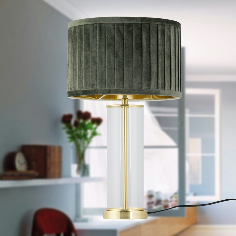 image 1 of Set of 2 Aura - Satin Brass Lamps with Green Pleated Velvet Shades Bronze | Green