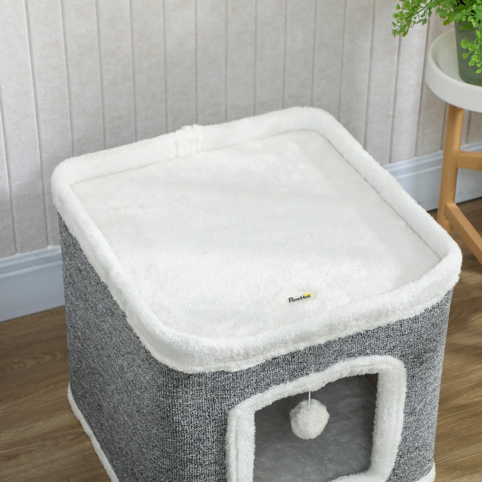 image 1 of PawHut Cat House for Indoor Kittens, 2-Level Cat Cave Bed with Fluffy Balls, Flush Top Bed, Kitten Barrel for Multi Kitties, Grey