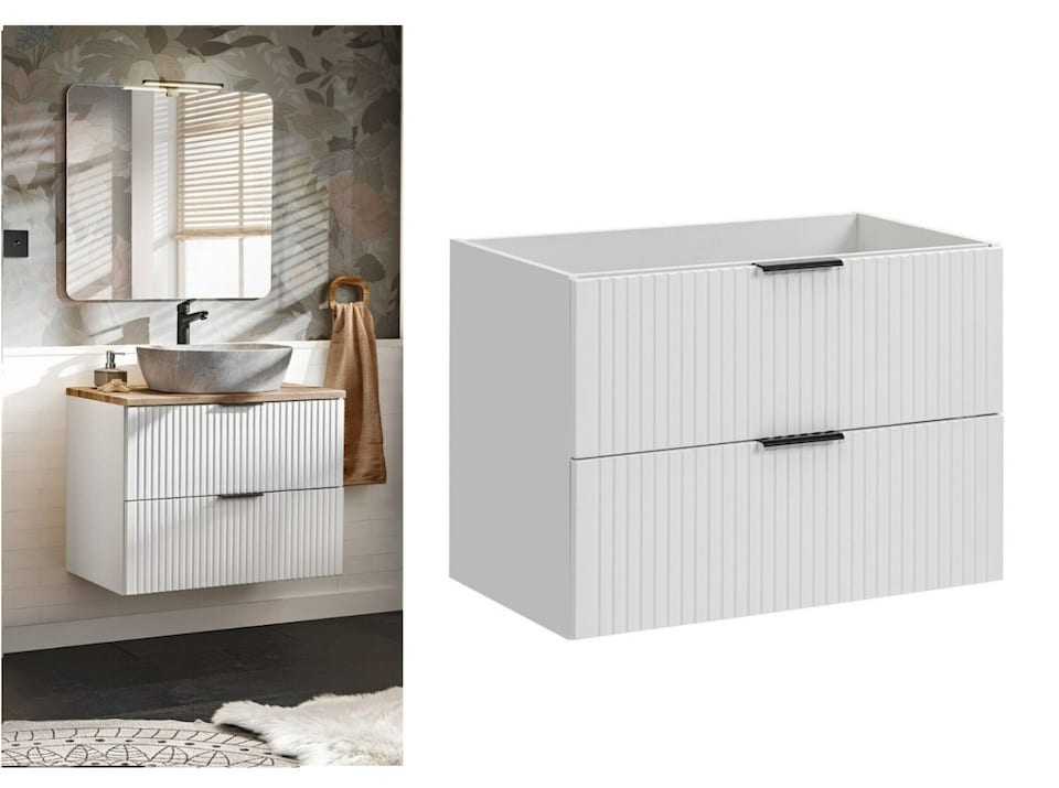 image 1 of Bathroom Vanity Unit 800mm Wall Hung Drawer Cabinet Ribbed Textured Fluted White Modern Floating Sink Unit Adel