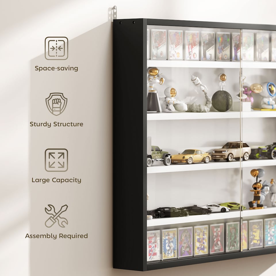 image 1 of HOMCOM 5-Tier Wall Display Shelf Cabinet with Glass Doors, Black and White | Multi | Black with white shelves | Overall size: 80W x 9.5D x 60H cm