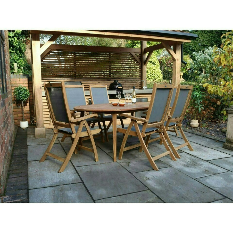 image 1 of Ellipse 6 Seater Dining Set with Folding High Back Armchairs and Fixed Leg Table - Acacia Hardwood