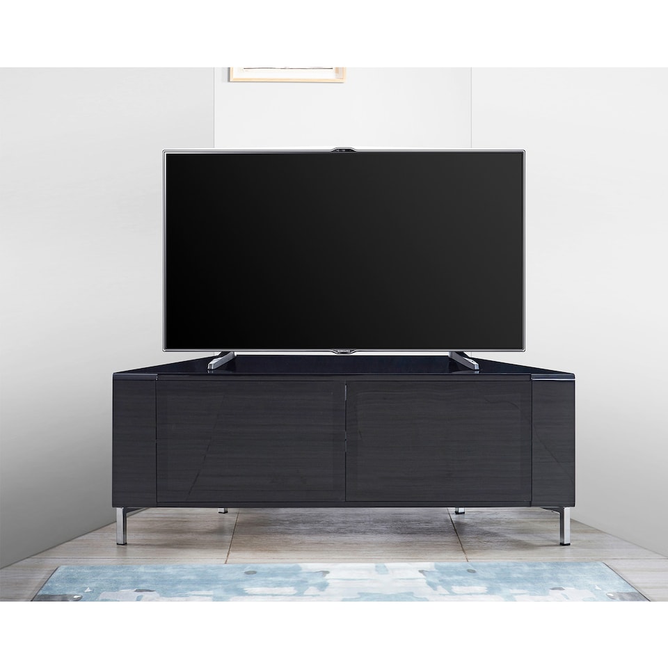 image 1 of MDA Designs CORVUS Corner-Friendly Gloss Black Contemporary Cabinet with BeamThru Glass Doors Modern Space-Saving Stand for Flat Screen TVs up to 50 Inch | Black | 1