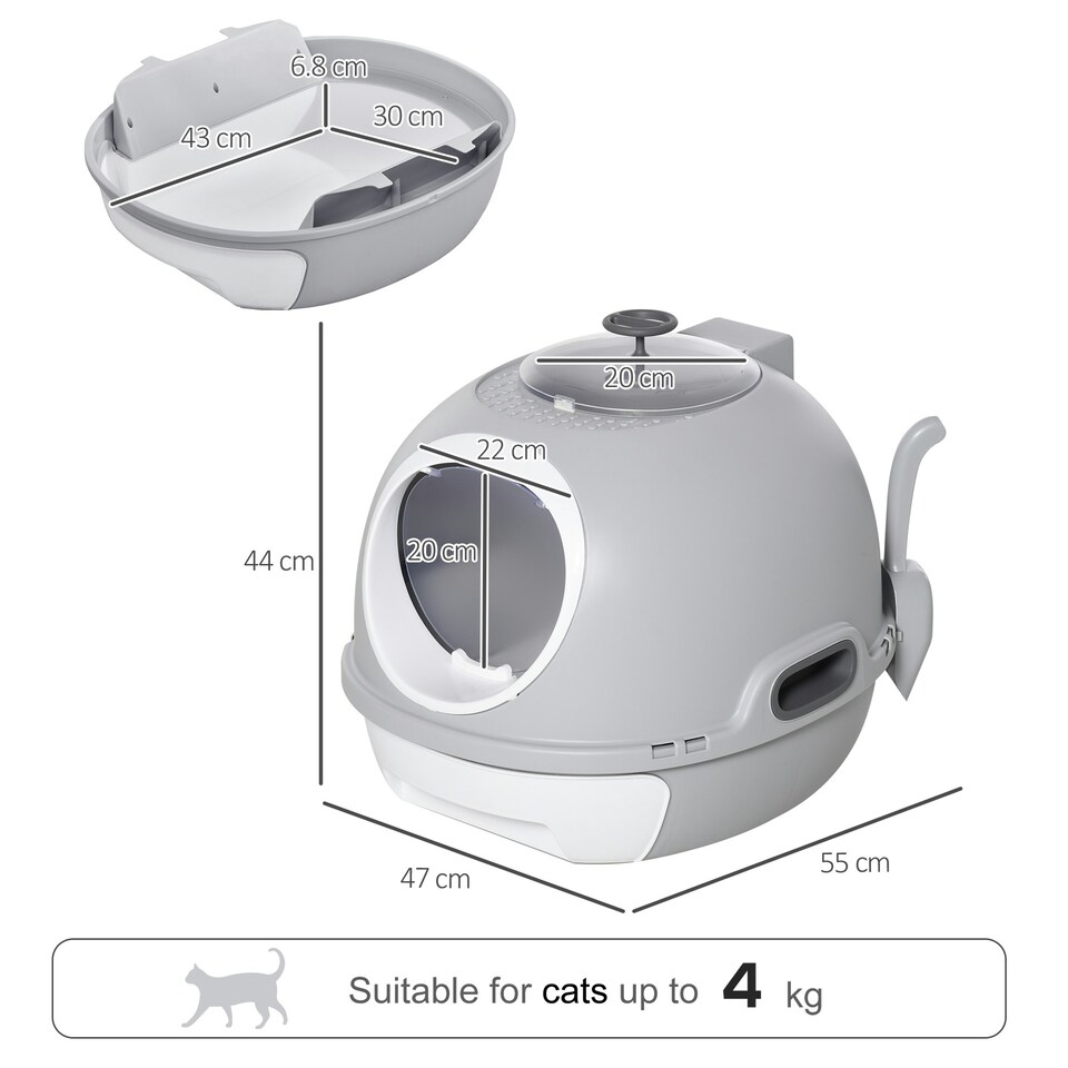 image 1 of PawHut Futuristic Capsule-Shaped Cat Litter Box w/ 2 Doors Scoop Drawer Grey