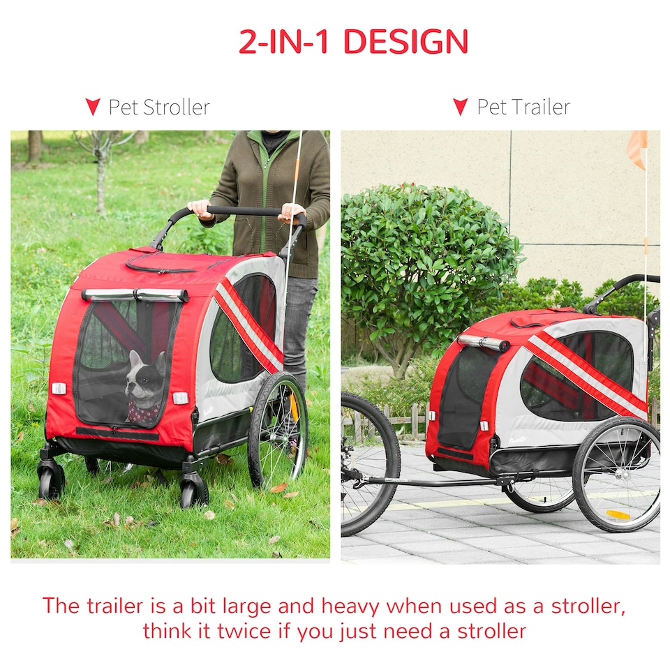 image 1 of PawHut 2-In-1 Dog Bike Trailer Stroller w/ Universal Wheel Reflector Flag Red
