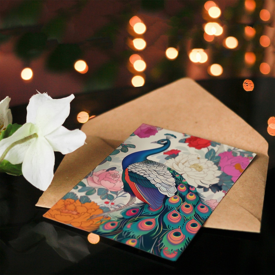 image 1 of Peacock Bird with Peony Flower Pattern Design Birthday Card
