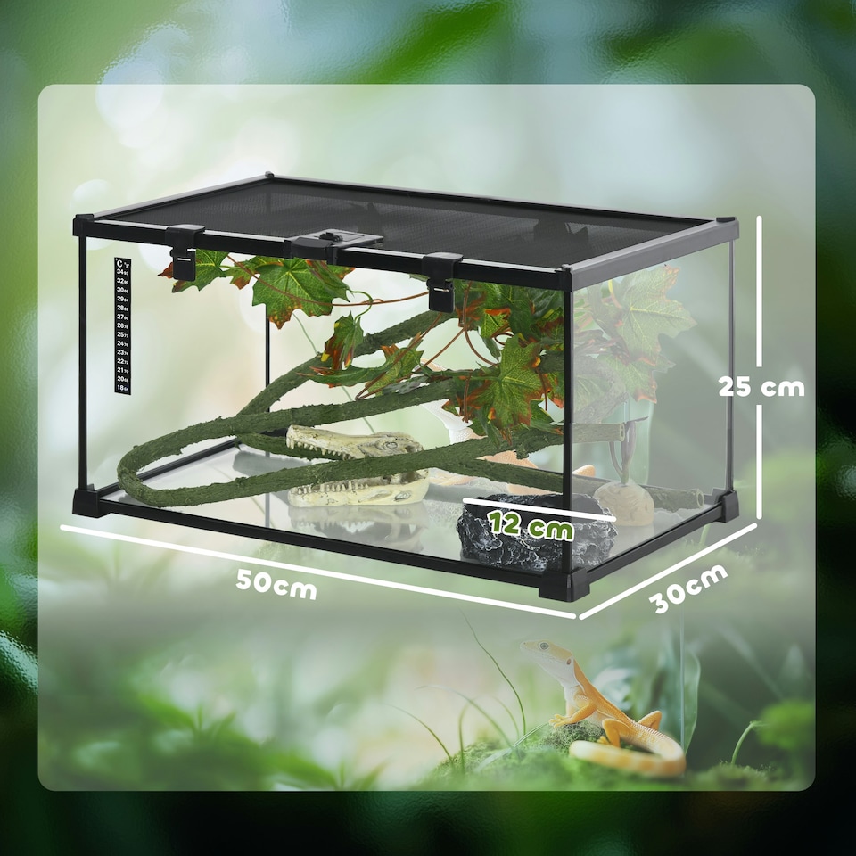 image 1 of PawHut Glass Reptile Terrarium with Thermometer, Decor Kit, Heated - Black