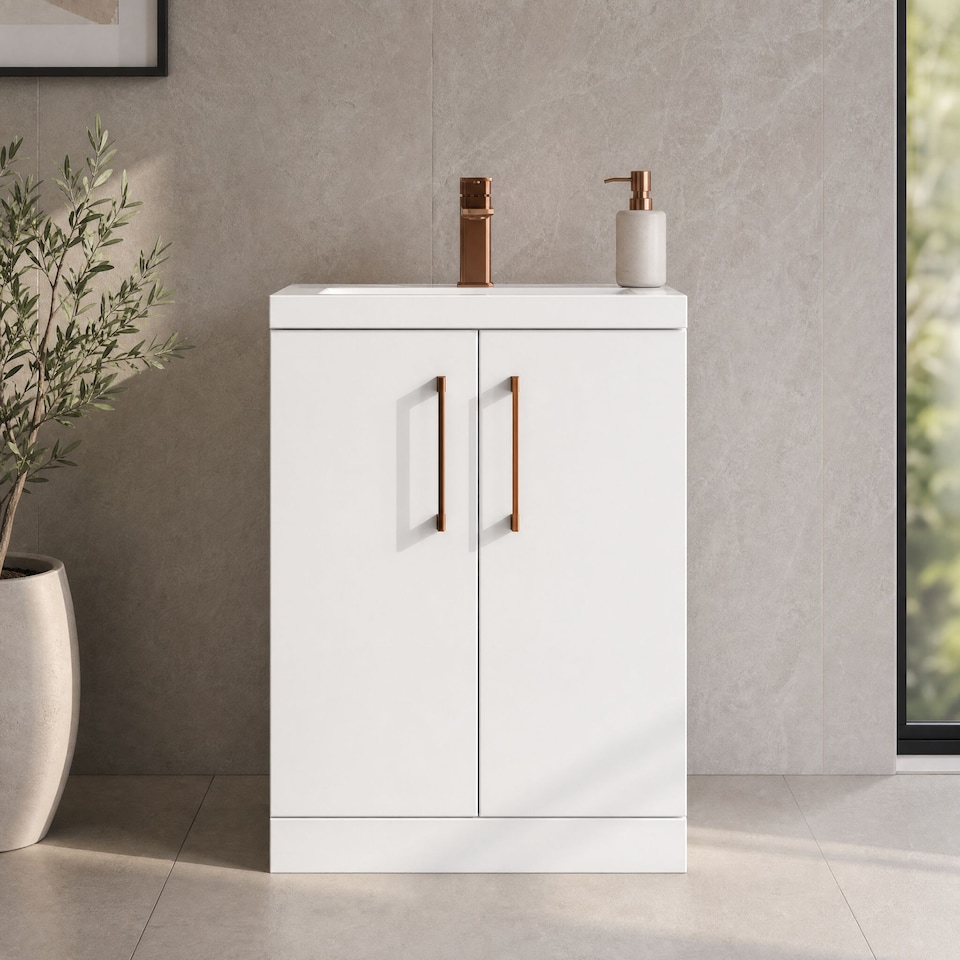 image 1 of Balterley Level Compact Bathroom Cloakroom Vanity Basin Unit with Ceramic Basin, Handles | White | Gloss White | 840 x 620 x 360mm