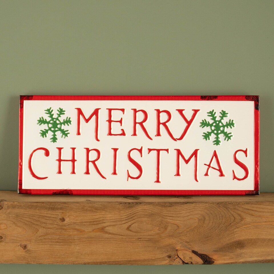 image 1 of 57cm Metal Merry Christmas Hanging Sign in Red & White with Green Snowflakes