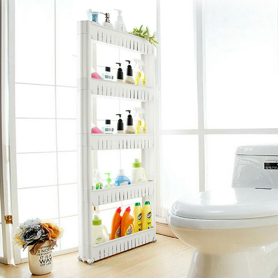 image 1 of 5 Tier Slim Slide Out Kitchen Trolley Storage Shelf & Organizer Rack White | White