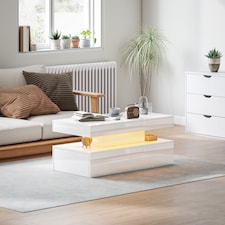 HOMCOM LED Coffee Table with Storage, Modern High Gloss Living Room Table with 2 Drawers, Open Shelf and Remote Control, White