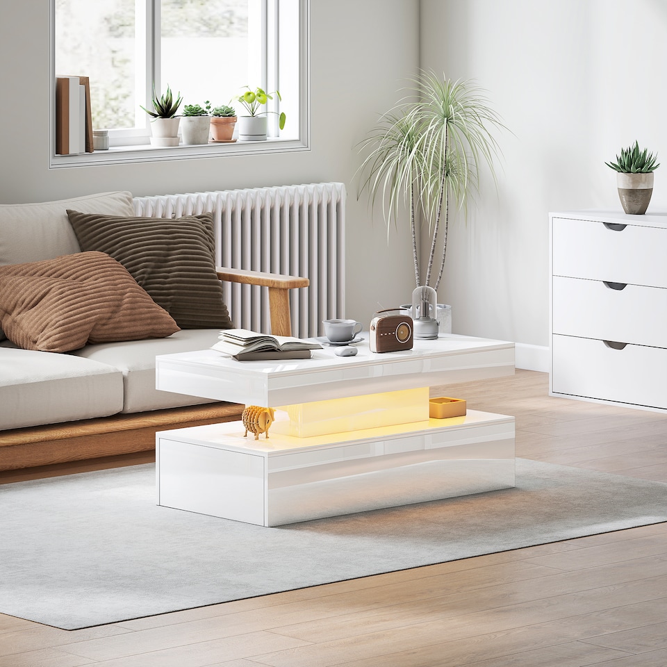 image 1 of HOMCOM LED Coffee Table with Storage, Modern High Gloss Living Room Table with 2 Drawers, Open Shelf and Remote Control, White