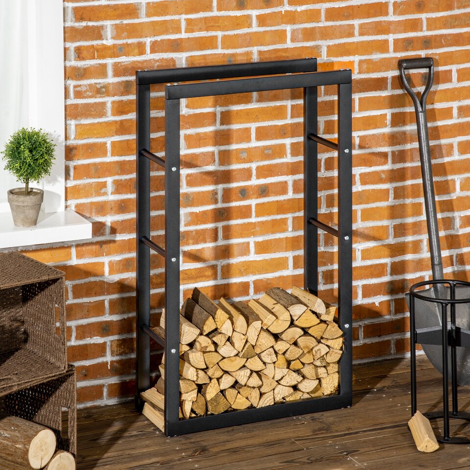 image 1 of HOMCOM Metal Firewood Log Holder Tall Firewood Rack Indoor Outdoor Fireplace Wood Storage Shelf with Side Rails, Rust-Resistant, Black, 60W x 25D x 100H cm