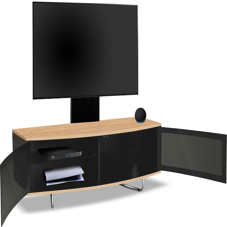 image 1 of Centurion Supports Caru Black Oak Beam-Thru Remote Friendly Super-Contemporary D Shape Design 32"-65" LED/OLED/LCD TV Cabinet with Mounting Arm Black | Oak