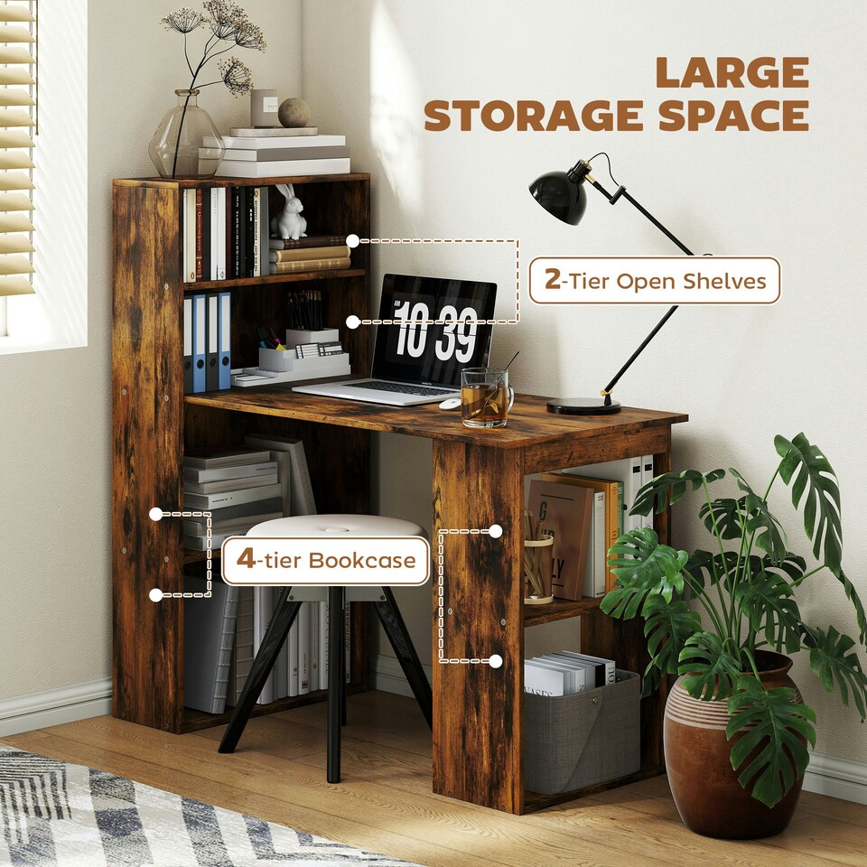 image 1 of HOMCOM 120cm Computer Desk Bookshelf Writing Table 6 Shelves Brown | Brown | Rustic Brown Wood-Effect | 120L x 55D x 120Hcm