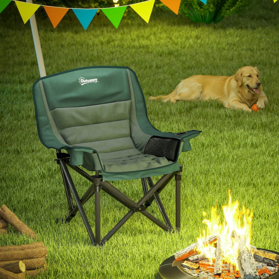 image 1 of Outsunny Camping Chair for Adults, Padded Folding Chair, Olive Green