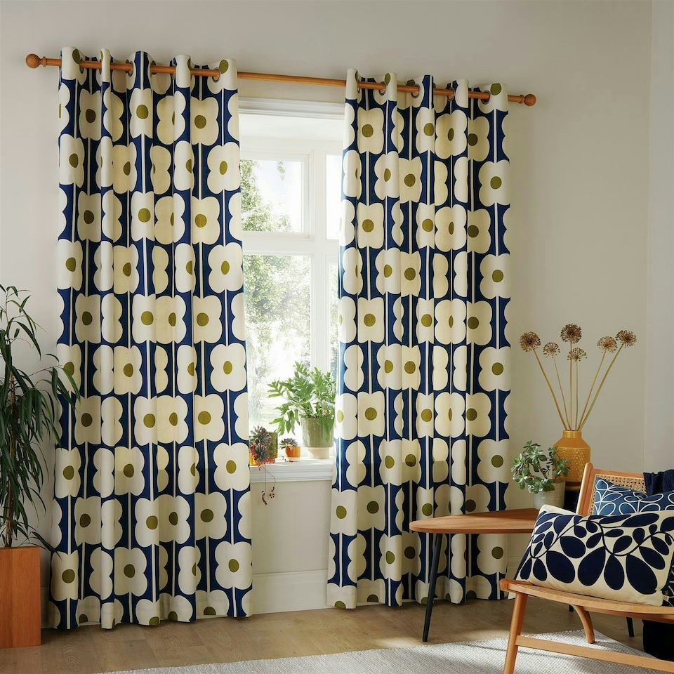 image 1 of Orla Kiely Abacus Flower Eyelet Curtains Navy Blue | 66X90"
