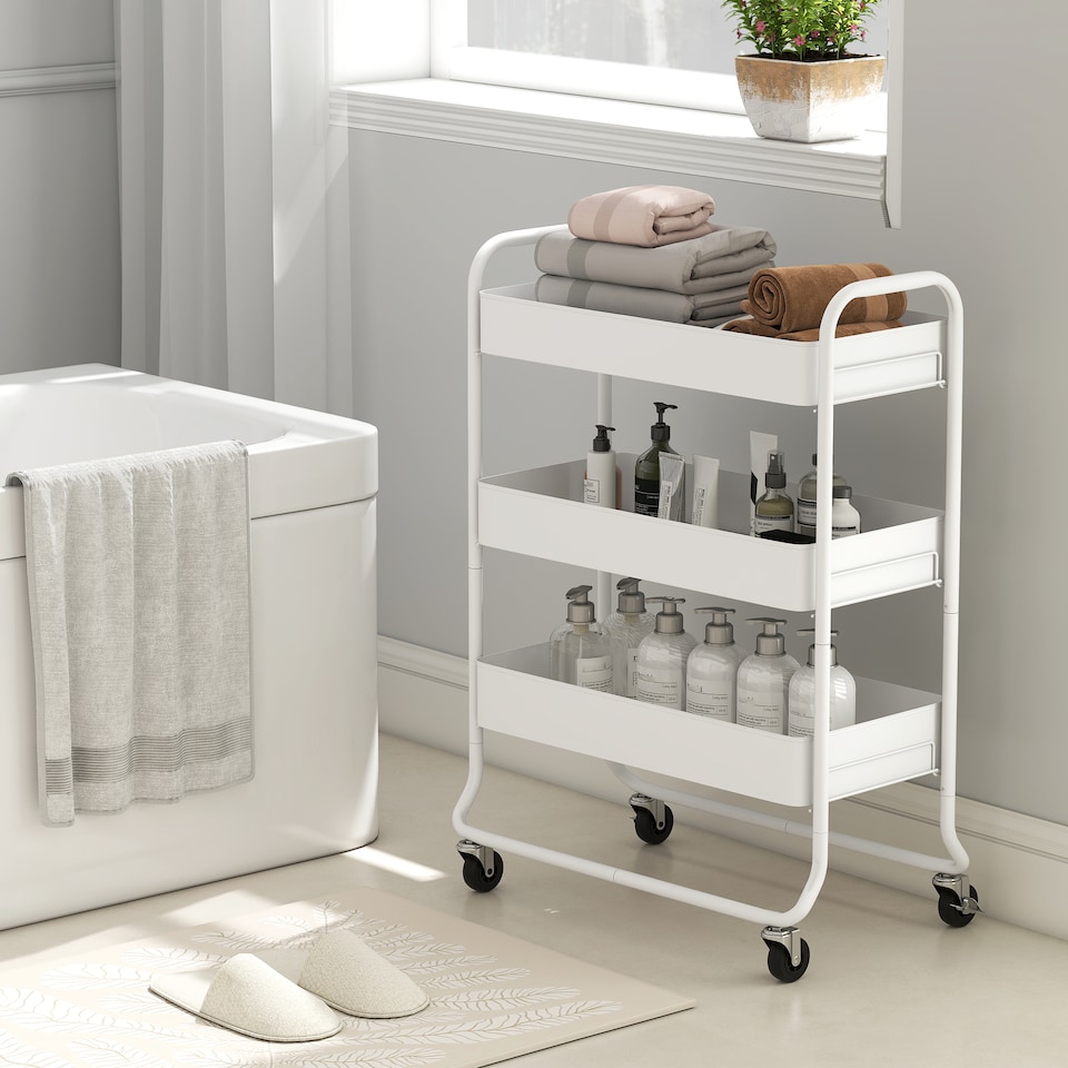 image 1 of HOMCOM 3-Tier Storage Trolley on Wheels, Rolling Utility Cart with Mesh Backets, Mobile Storage Cart for Kitchen, Bathroom, Bedroom, White | White | White