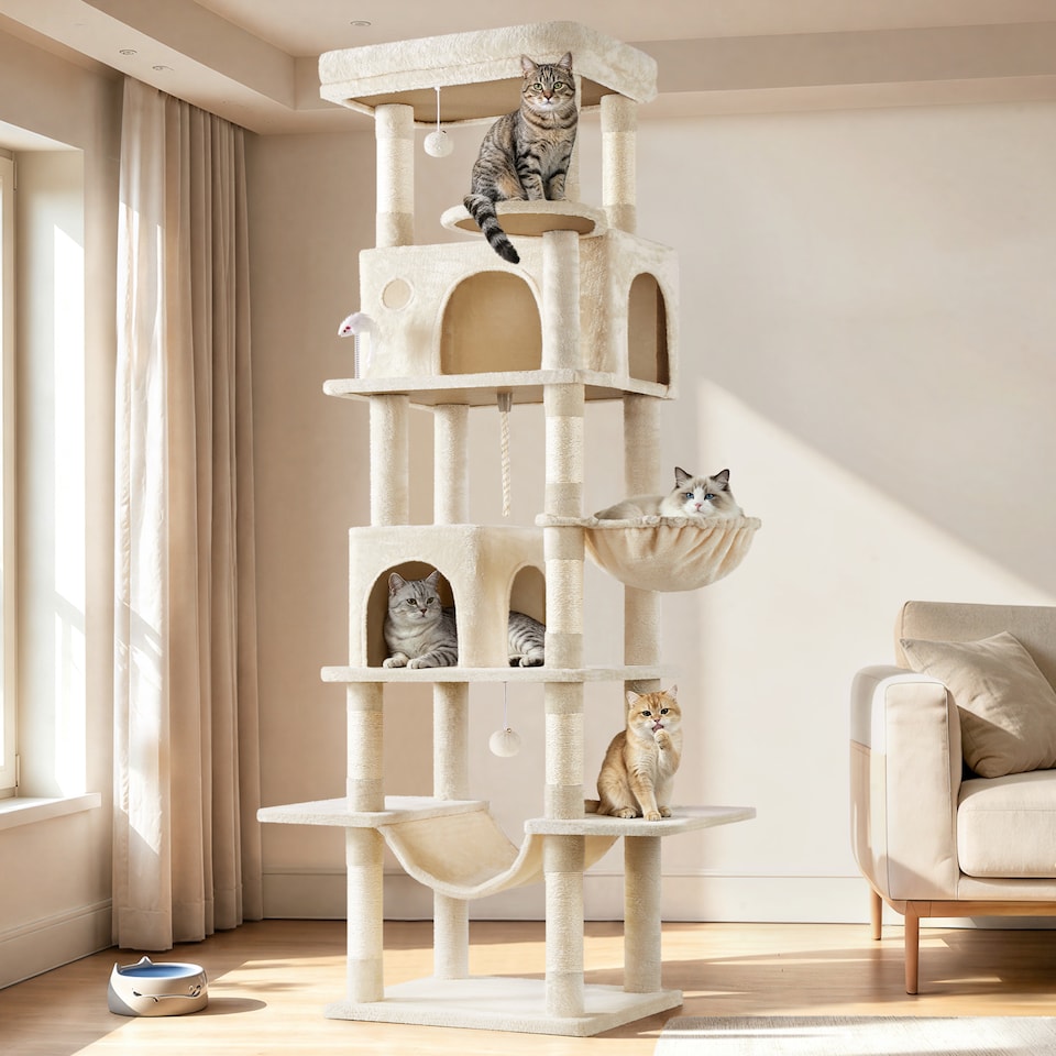 image 1 of Yaheetech 210cm Multi-Level Cat Tree with Large Top Perch, 2 Cat Condos, Hammock & Basket, Sisal Scratching Posts, Heavy Duty Cat Tower for Indoor Cats, Beige