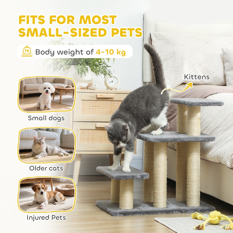 image 1 of PawHut 3 Step Pet Stairs with 6 Sisal Scratching Posts, Grey