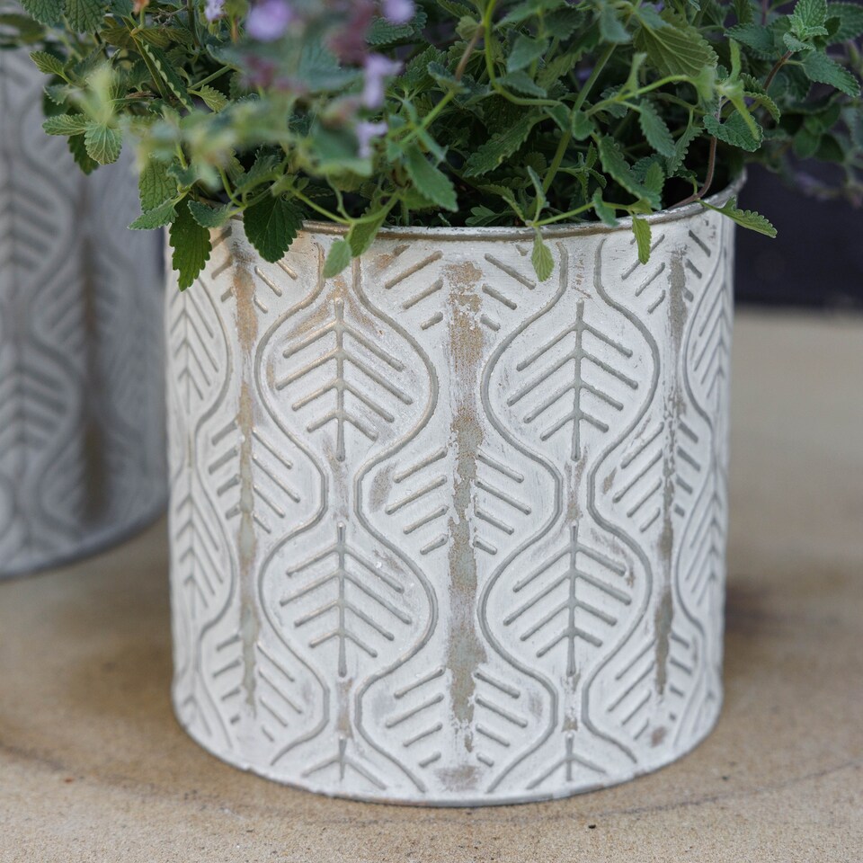image 1 of Primrose Set of 2 Metal Leaf Design Cylinder Decorative Planters in Cream 24cm | Cream | Off White