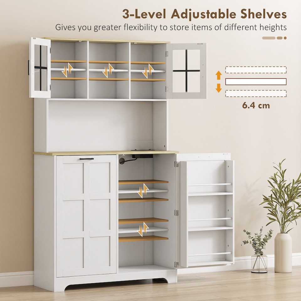 image 1 of HOMCOM 175cm Tall Kitchen Cabinet with Charging Station, Rubbish Bin, White