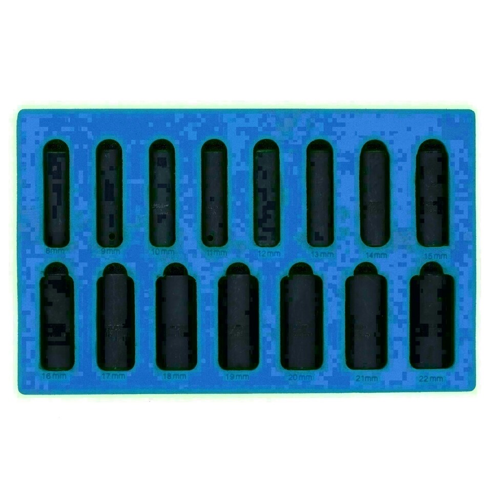 image 1 of 3/8in Drive Deep Metric Impact Impacted Sockets 6 Sided 8mm - 22mm 15pc Set