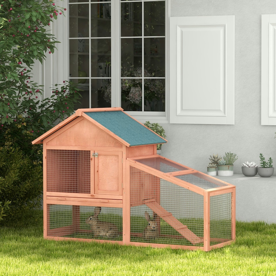 image 1 of PawHut Rabbit Hutch, 2 Tier Bunny House with Asphalt Roof, Ramp, tray, Green